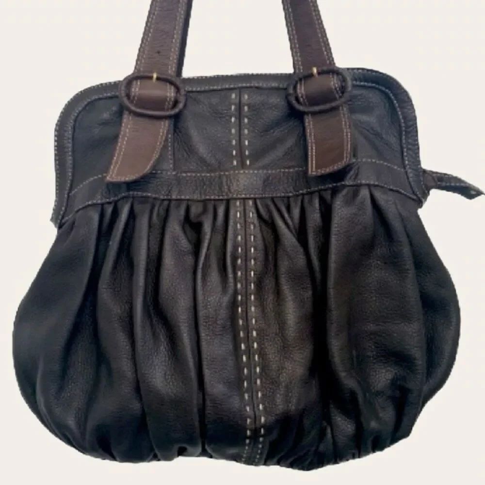 Cole Haan Pebbled Leather Hobo Ruched Brown Double Strap Bag